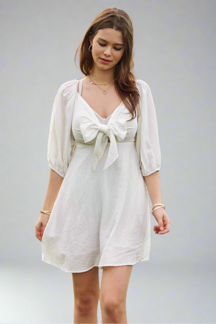 Davi & Dani Self-Tie Puff Sleeve Smocking Open Back Mini Dress
