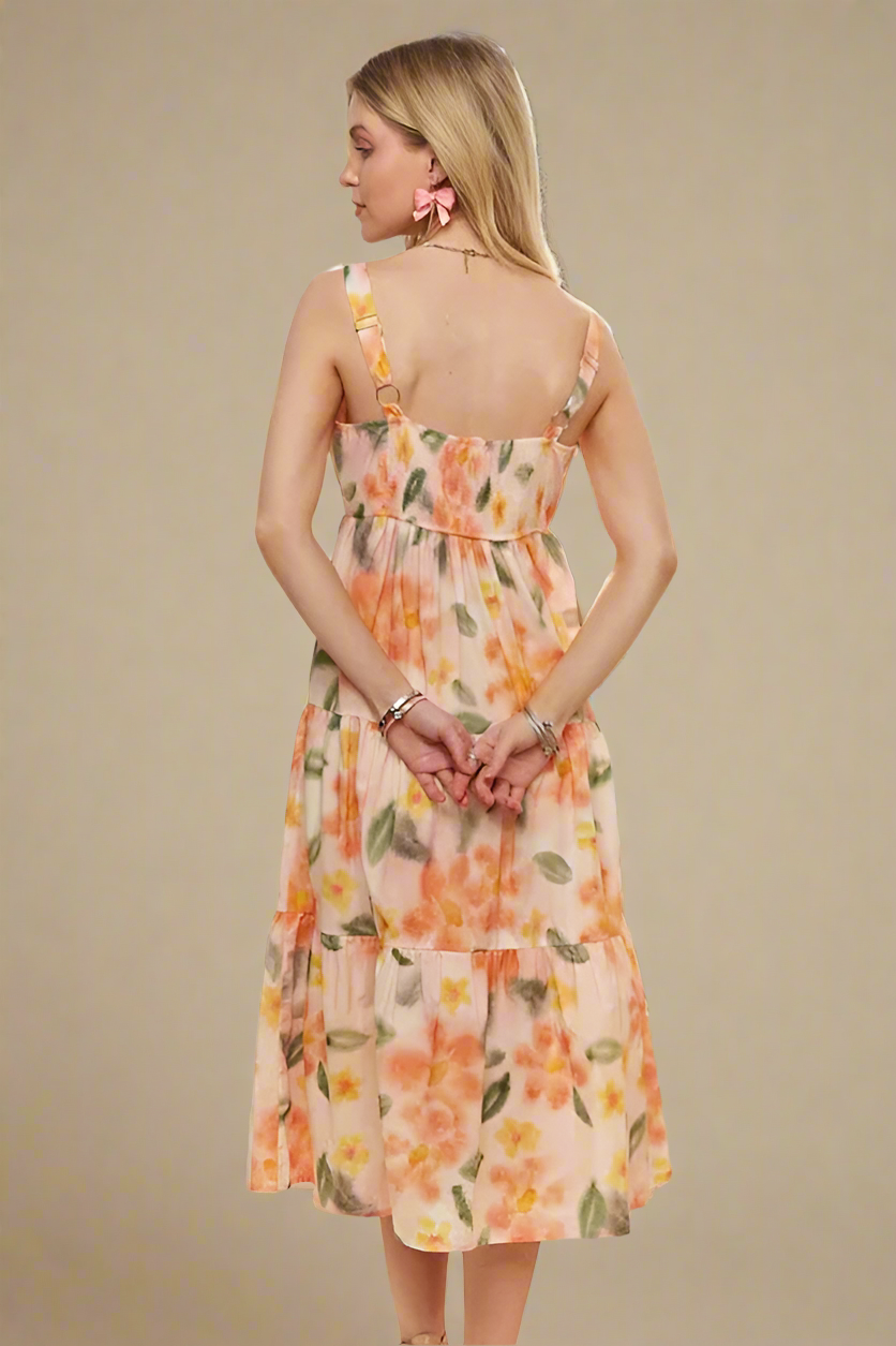 ADORA Smocked Back Floral Adjustable Strap Midi Dress