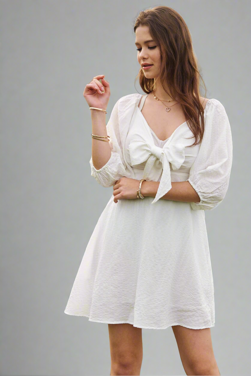 Davi & Dani Self-Tie Puff Sleeve Smocking Open Back Mini Dress