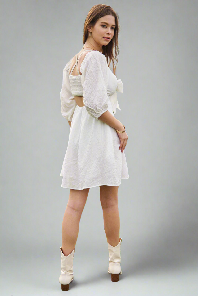 Davi & Dani Self-Tie Puff Sleeve Smocking Open Back Mini Dress