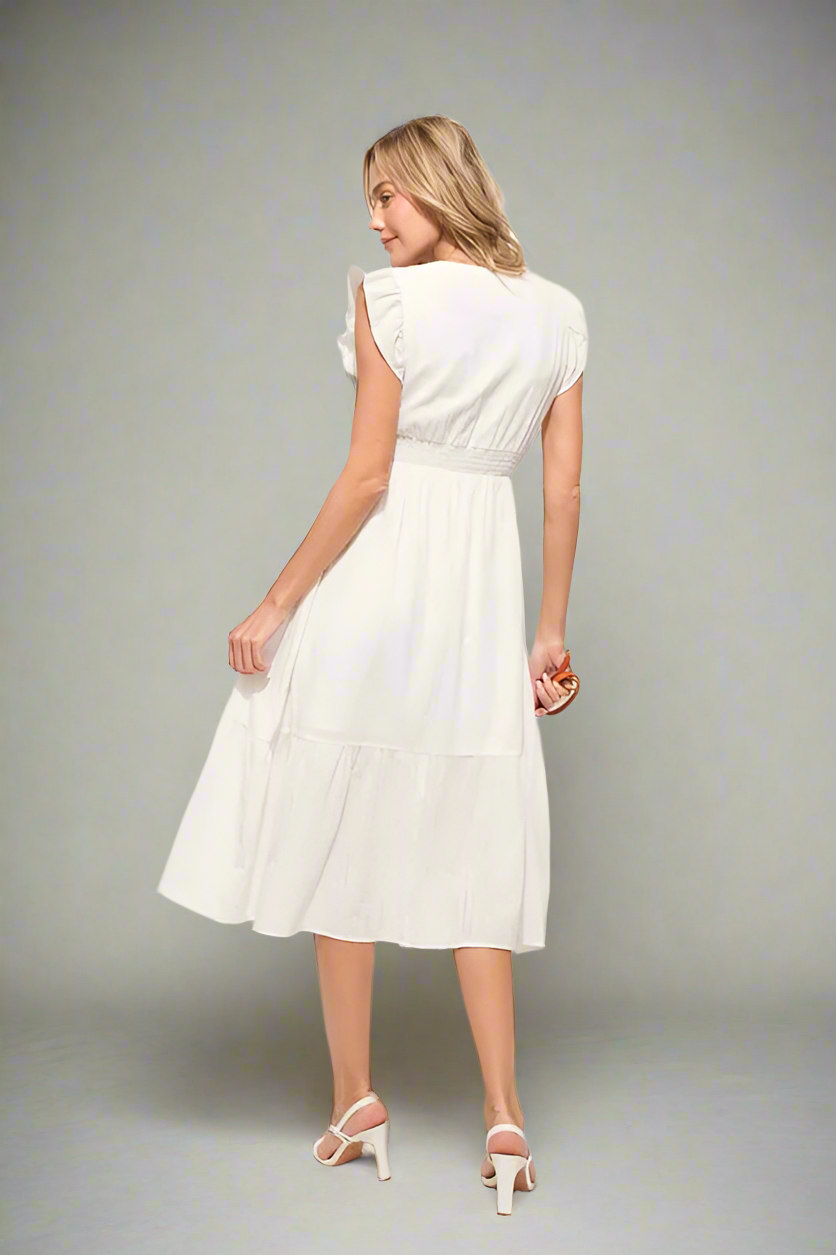 And The Why Ruffle Sleeve Front Smocked Tiered Midi Dress