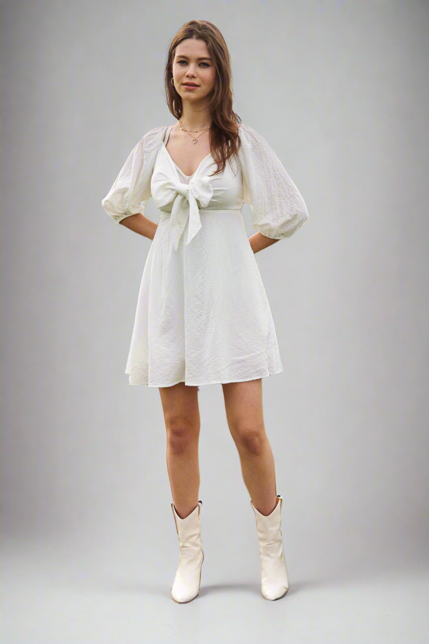 Davi & Dani Self-Tie Puff Sleeve Smocking Open Back Mini Dress