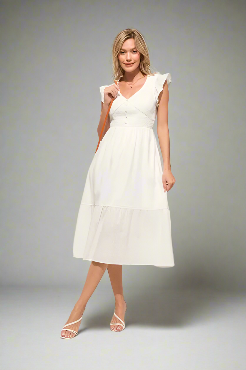 And The Why Ruffle Sleeve Front Smocked Tiered Midi Dress