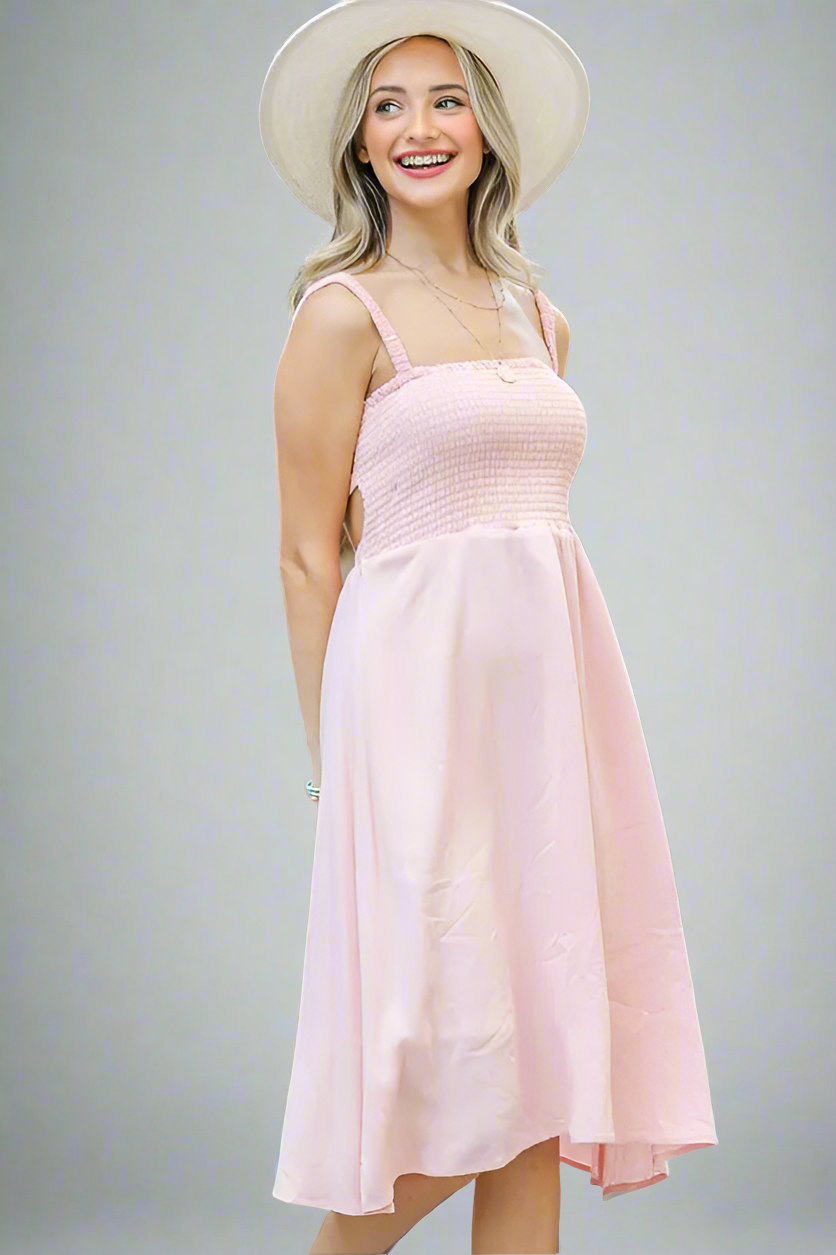 And The Why Smocking Open-Back Sleeveless Midi Dress