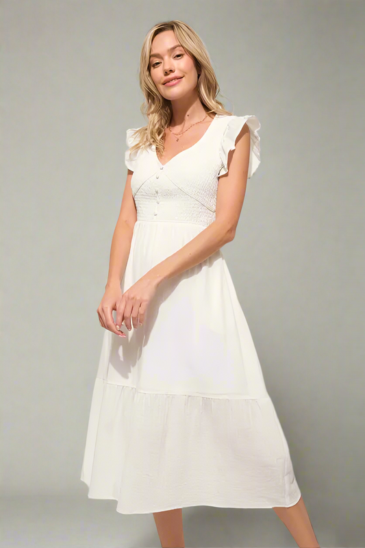 And The Why Ruffle Sleeve Front Smocked Tiered Midi Dress