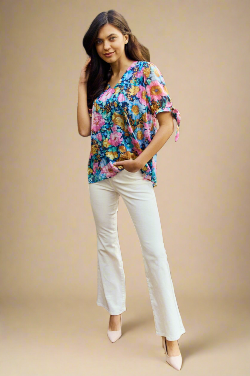 Petal Dew Full Size Floral V-Neck Tie Detail Blouse
