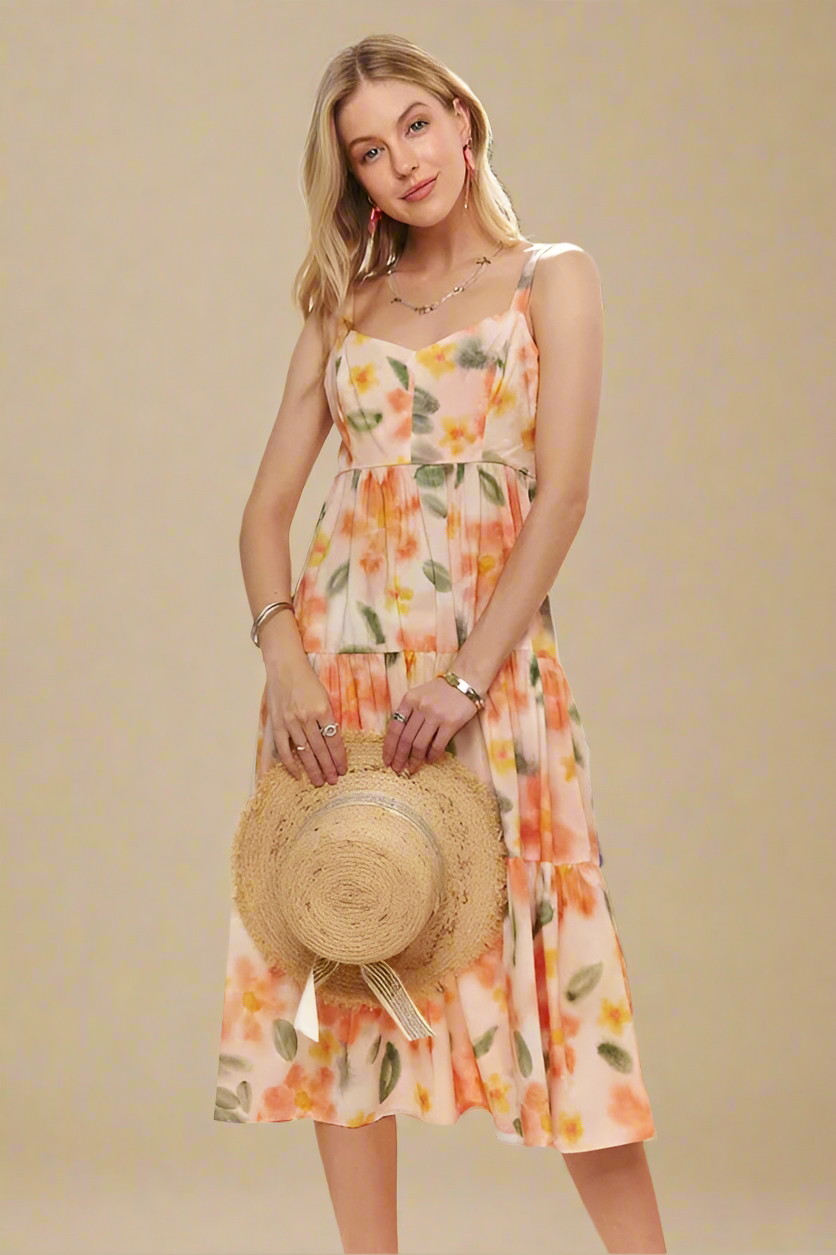 ADORA Smocked Back Floral Adjustable Strap Midi Dress