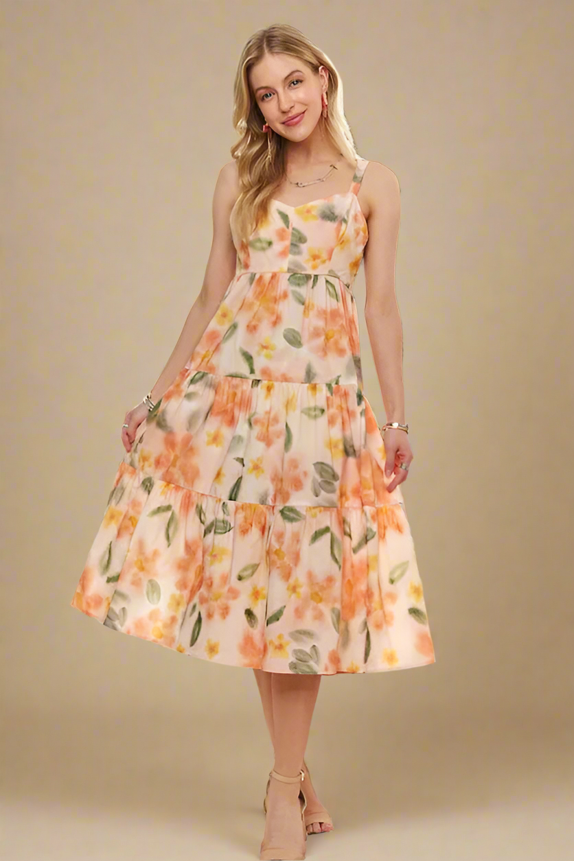 ADORA Smocked Back Floral Adjustable Strap Midi Dress